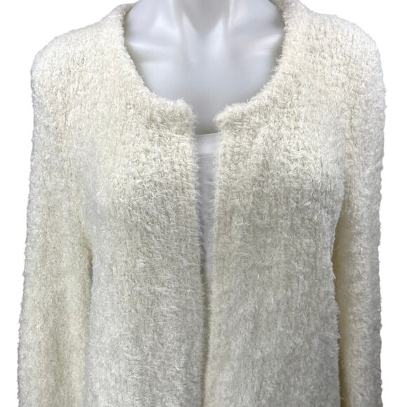 Ann Taylor Loft White Wool Fuzzy Long Sleeve Open Front Cardigan Sweater Size L - Picture 3 of 5